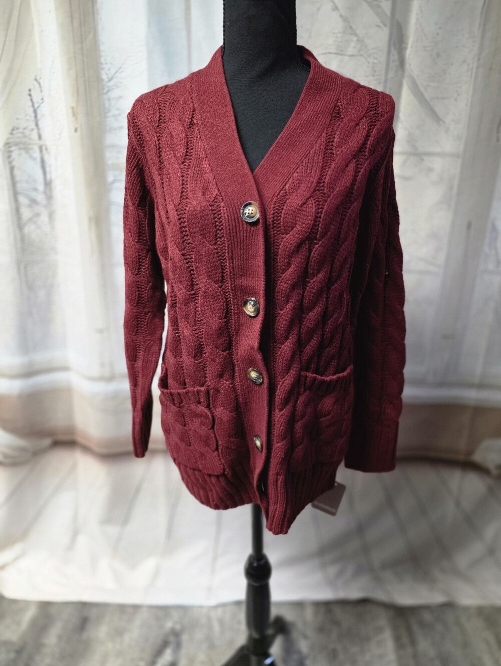 Kohl's Burgundy Cable Knit Button-Front Cardigan